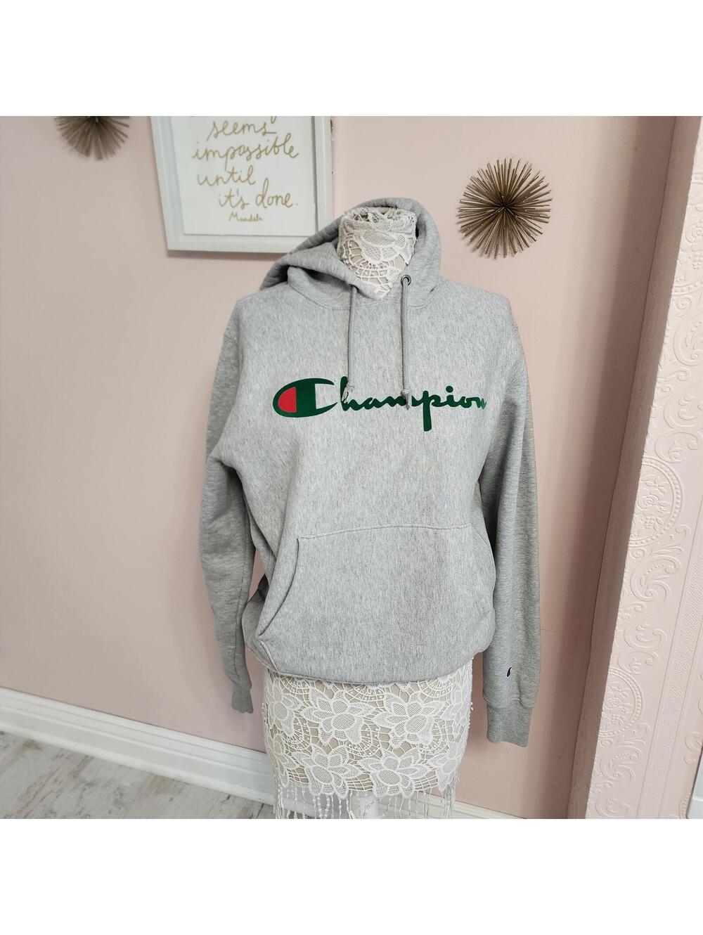 Champion Gray Spellout Hoodie Sweatshirt Big Logo Back Graphic Size M